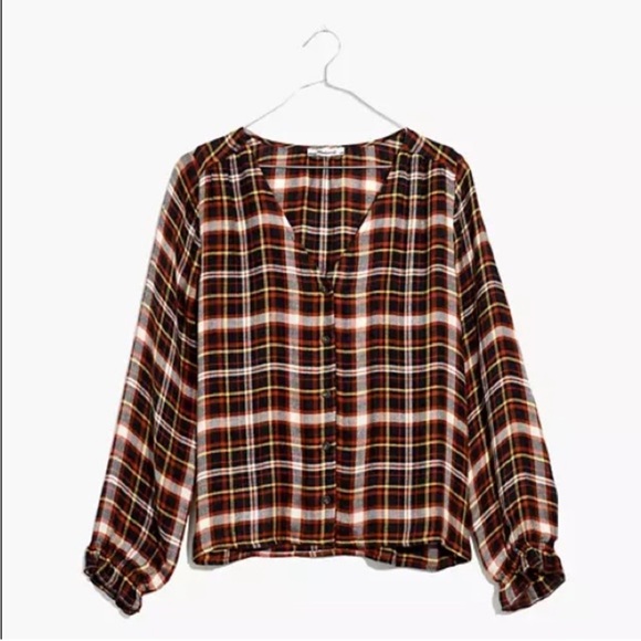 EUC - Madewell Plaid V-Neck Blouse - Black, White, Brown - Picture 3 of 7